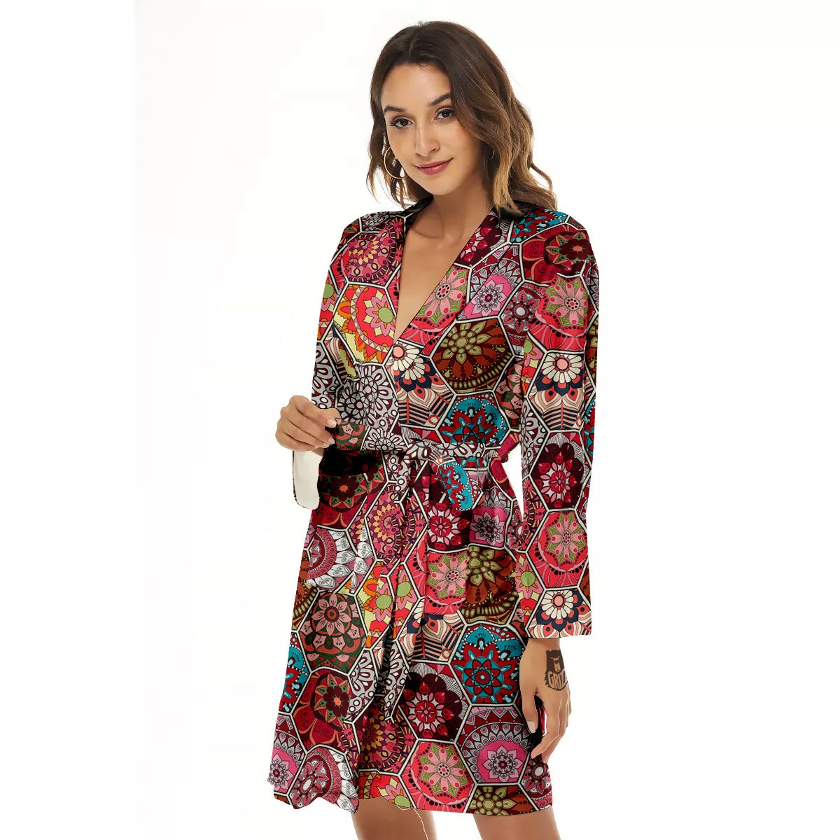 Patchwork Indian Print Pattern Women's Robe-grizzshop
