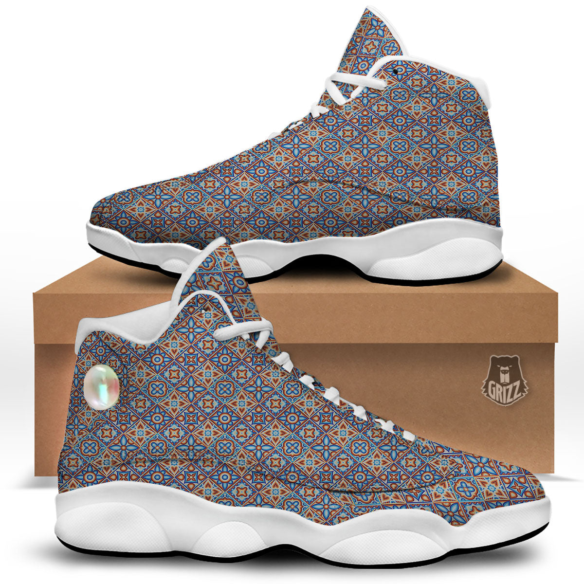 Patchwork Mosaic Print Pattern White Basketball Shoes-grizzshop