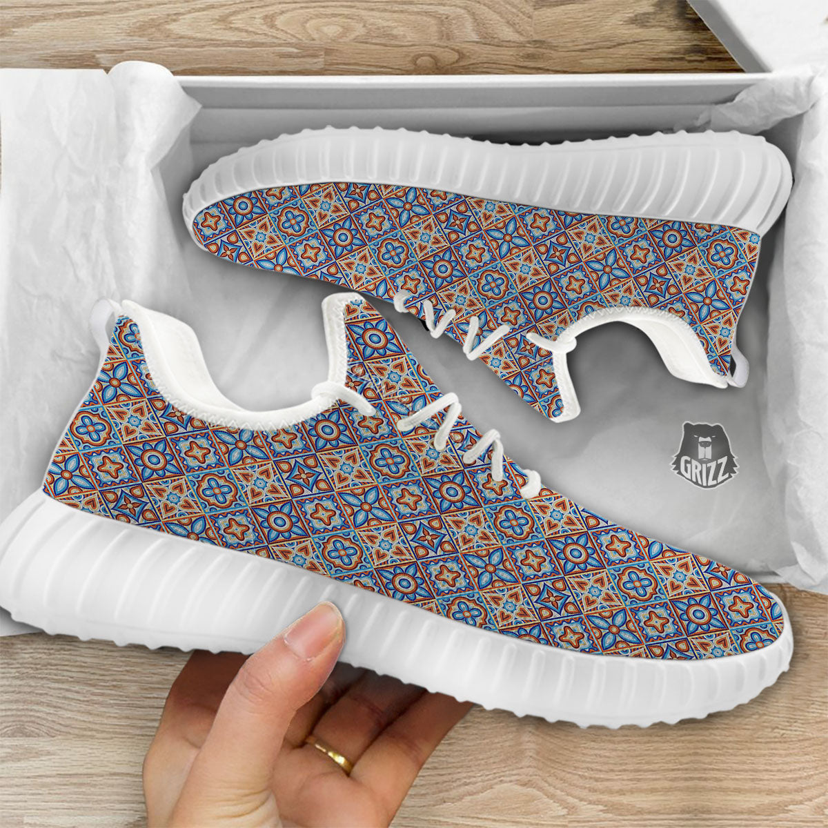 Patchwork Mosaic Print Pattern White Walking Shoes-grizzshop