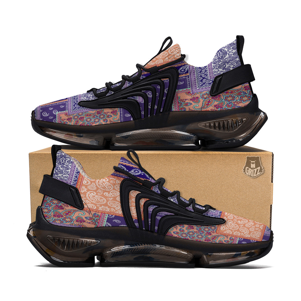 Patchwork Paisley Blue And Orange Print Pattern Black Gym Shoes-grizzshop