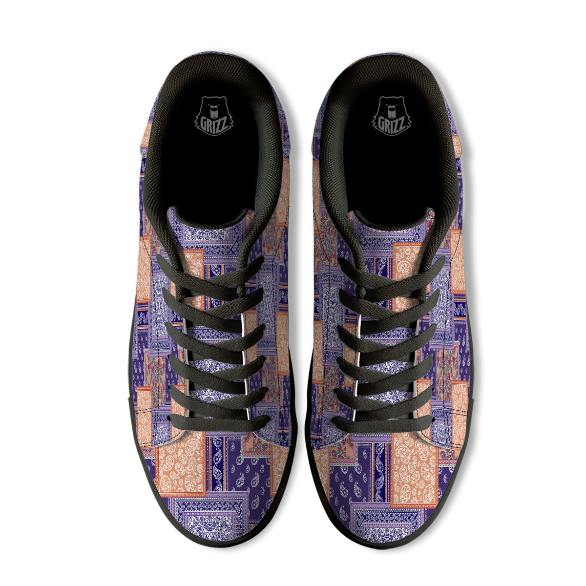 Patchwork Paisley Blue And Orange Print Pattern Black Low Top Sneakers-grizzshop