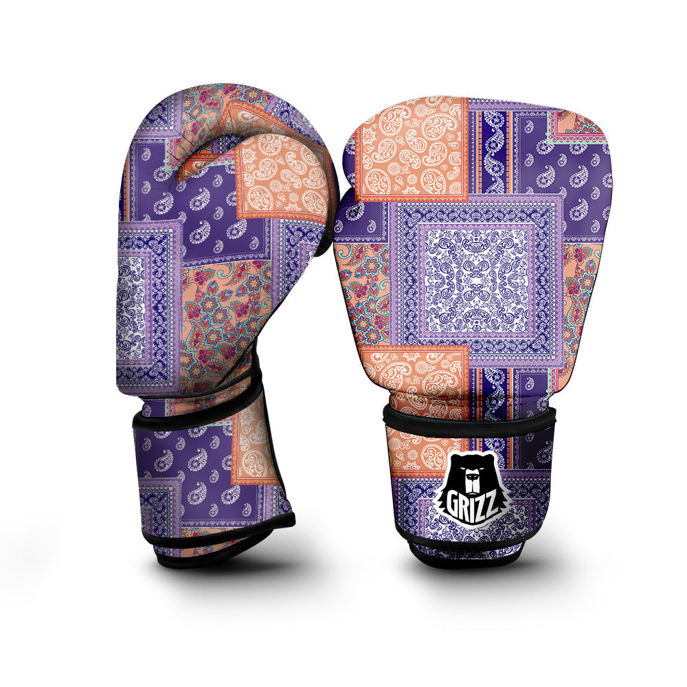 Patchwork Paisley Blue And Orange Print Pattern Boxing Gloves-grizzshop