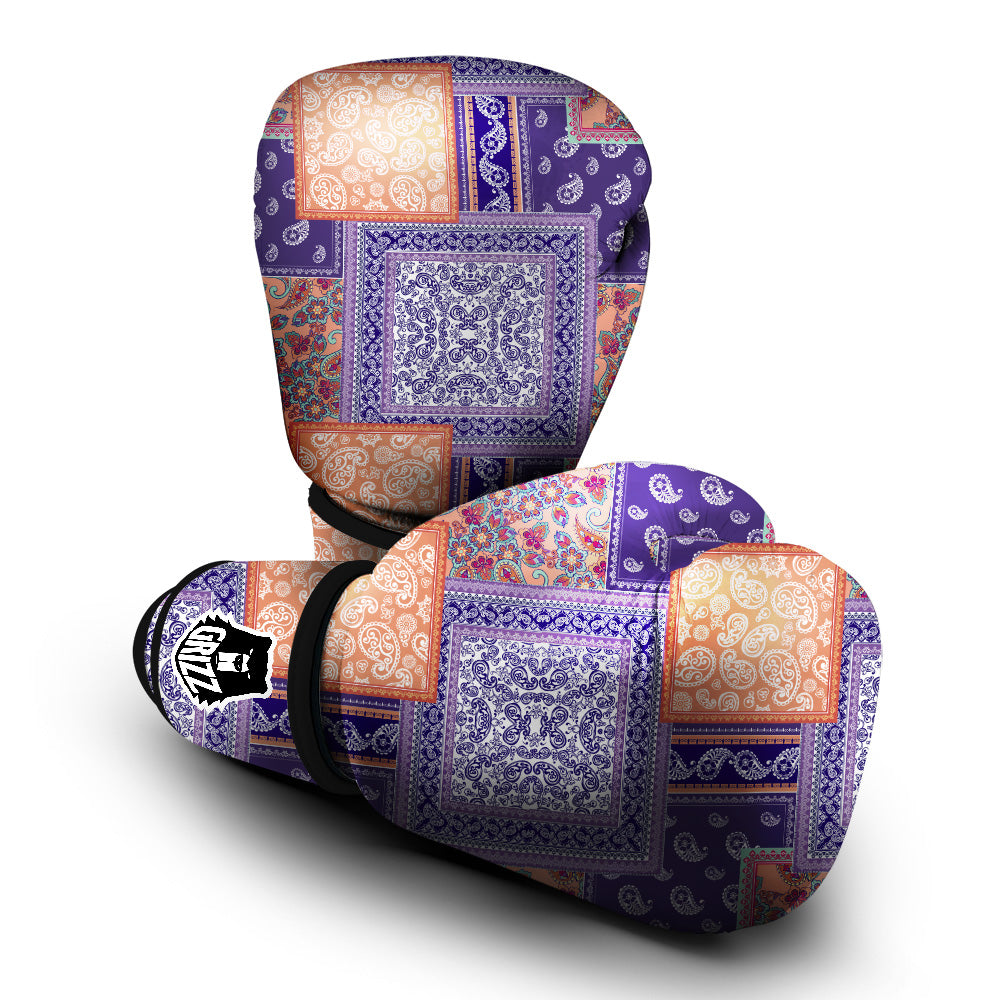 Patchwork Paisley Blue And Orange Print Pattern Boxing Gloves-grizzshop
