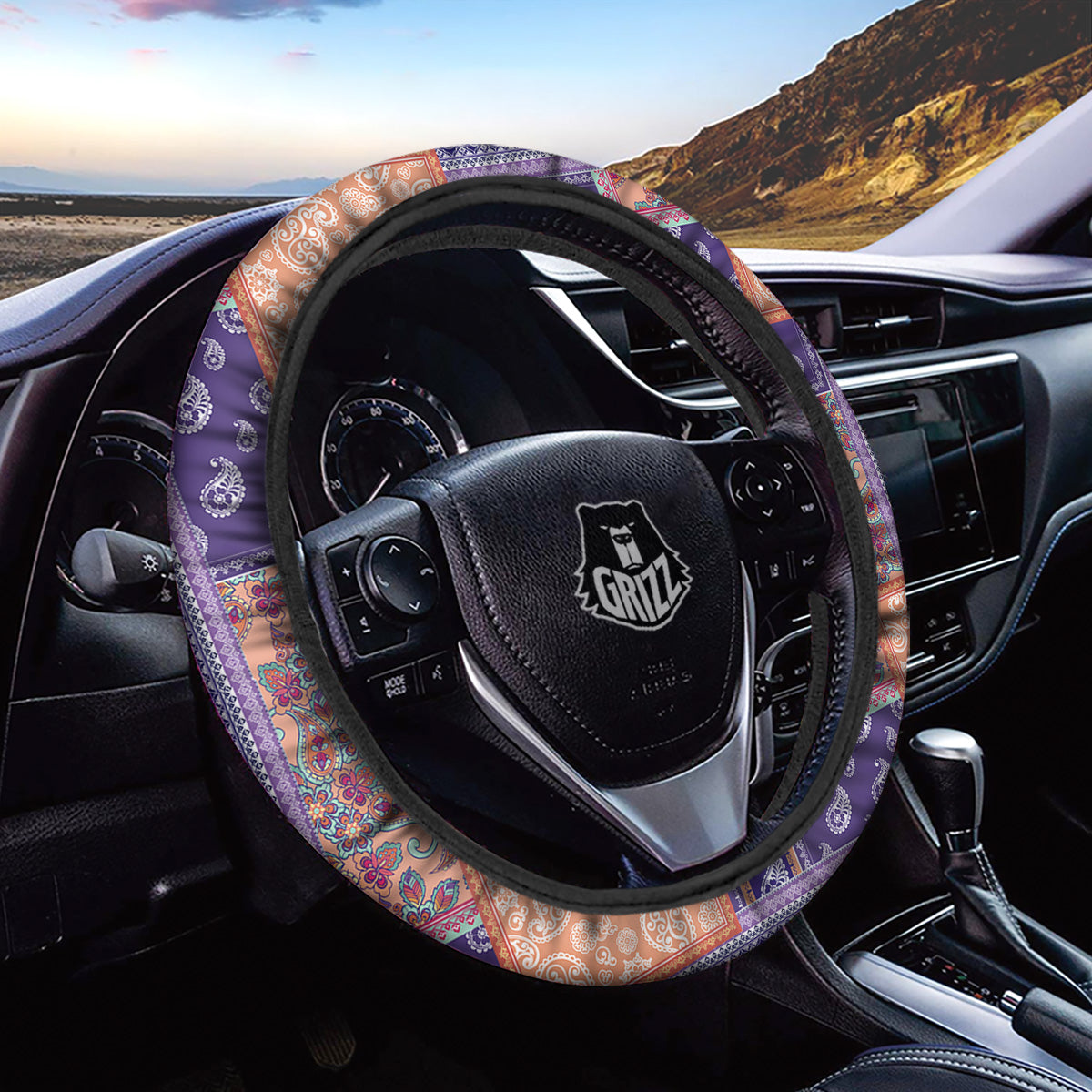 Patchwork Paisley Blue And Orange Print Pattern Car Steering Wheel Cover-grizzshop