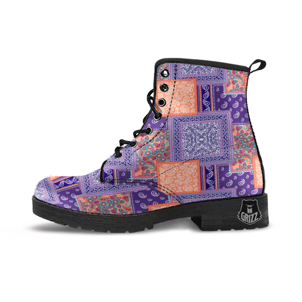 Patchwork Paisley Blue And Orange Print Pattern Leather Boots-grizzshop