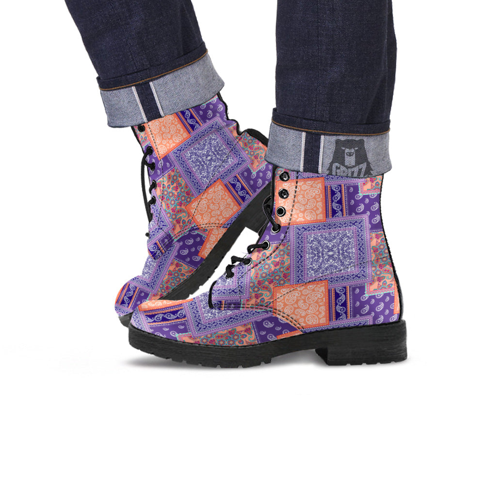 Patchwork Paisley Blue And Orange Print Pattern Leather Boots-grizzshop