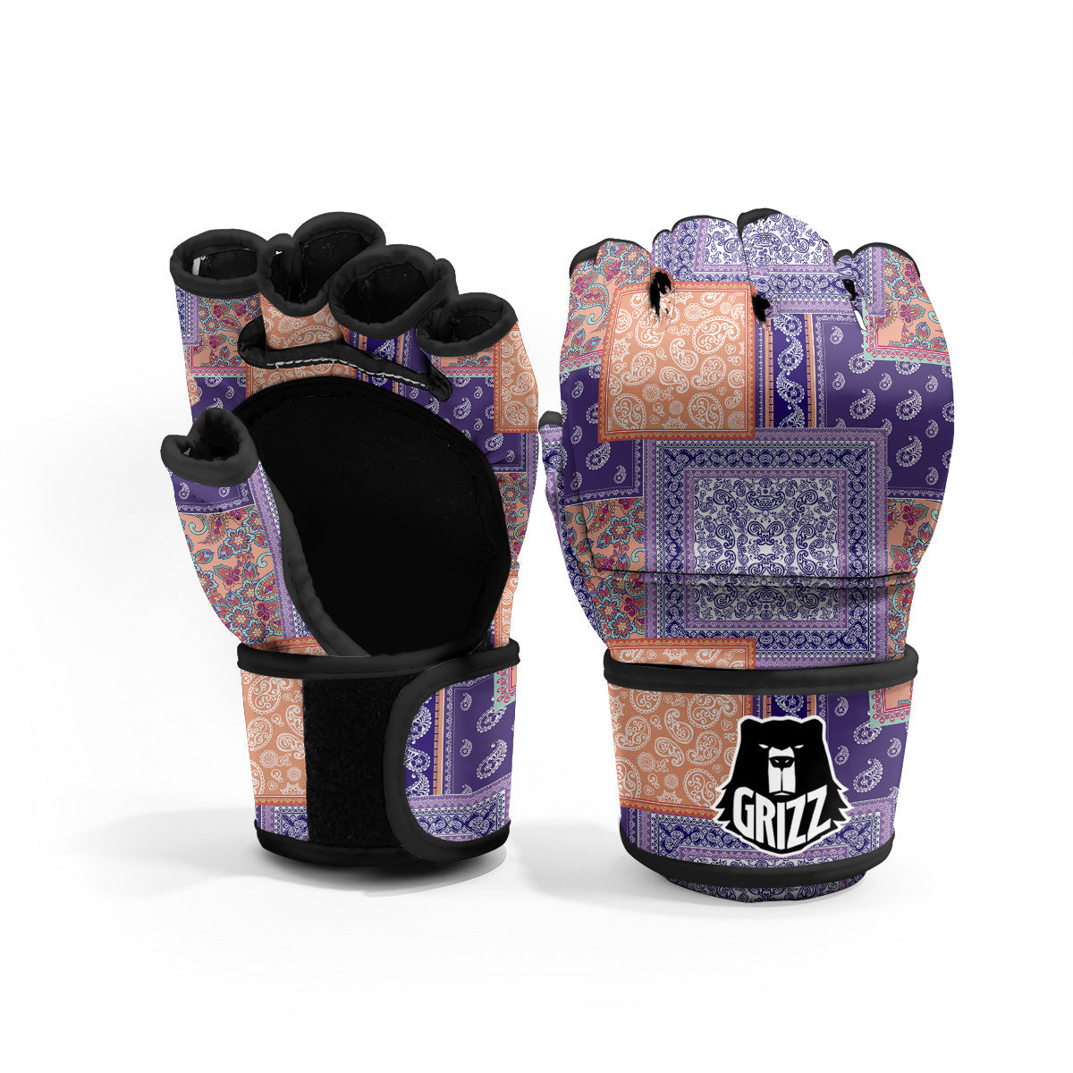 Patchwork Paisley Blue And Orange Print Pattern MMA Gloves-grizzshop