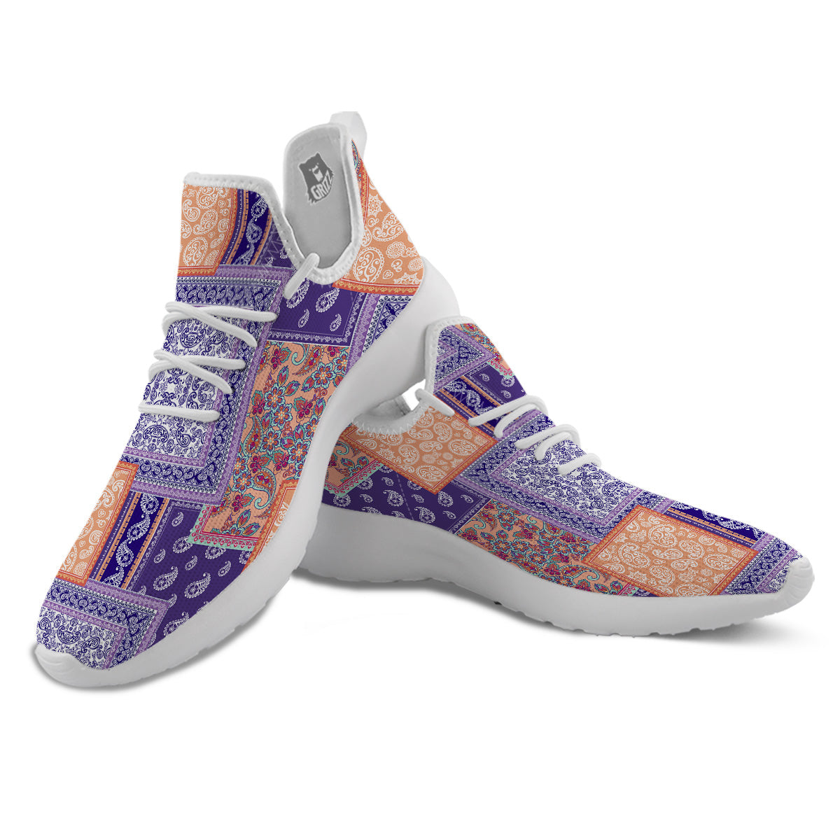Patchwork Paisley Blue And Orange Print Pattern White Athletic Shoes-grizzshop