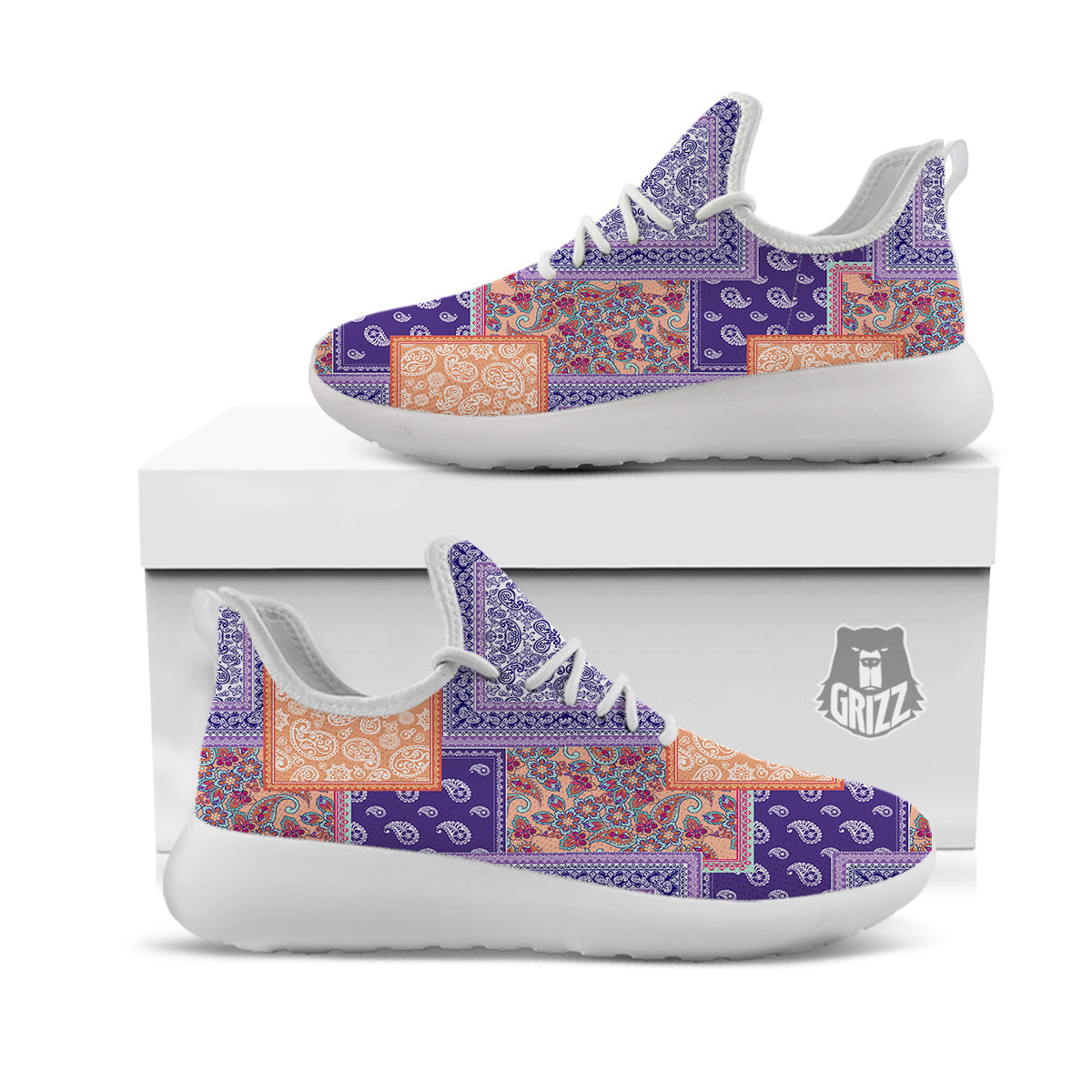 Patchwork Paisley Blue And Orange Print Pattern White Athletic Shoes-grizzshop