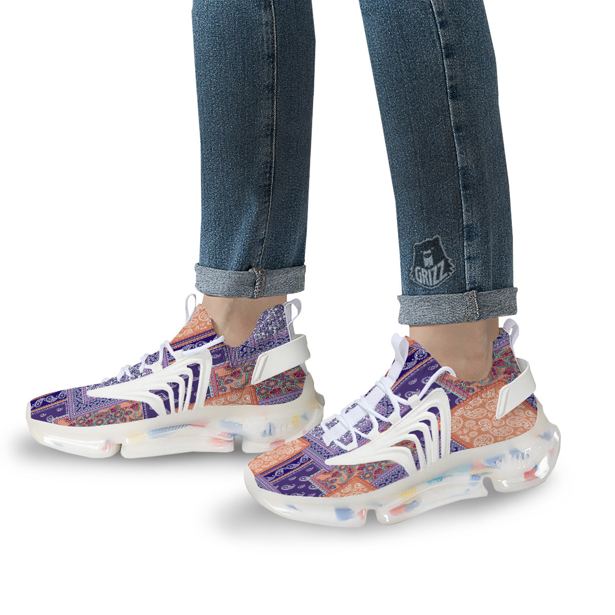 Patchwork Paisley Blue And Orange Print Pattern White Gym Shoes-grizzshop