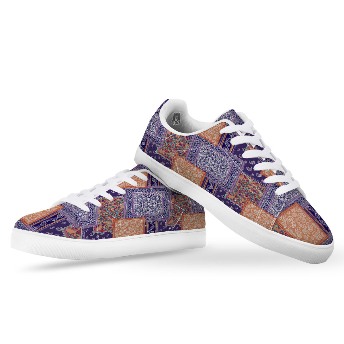 Patchwork Paisley Blue And Orange Print Pattern White Low Top Sneakers-grizzshop