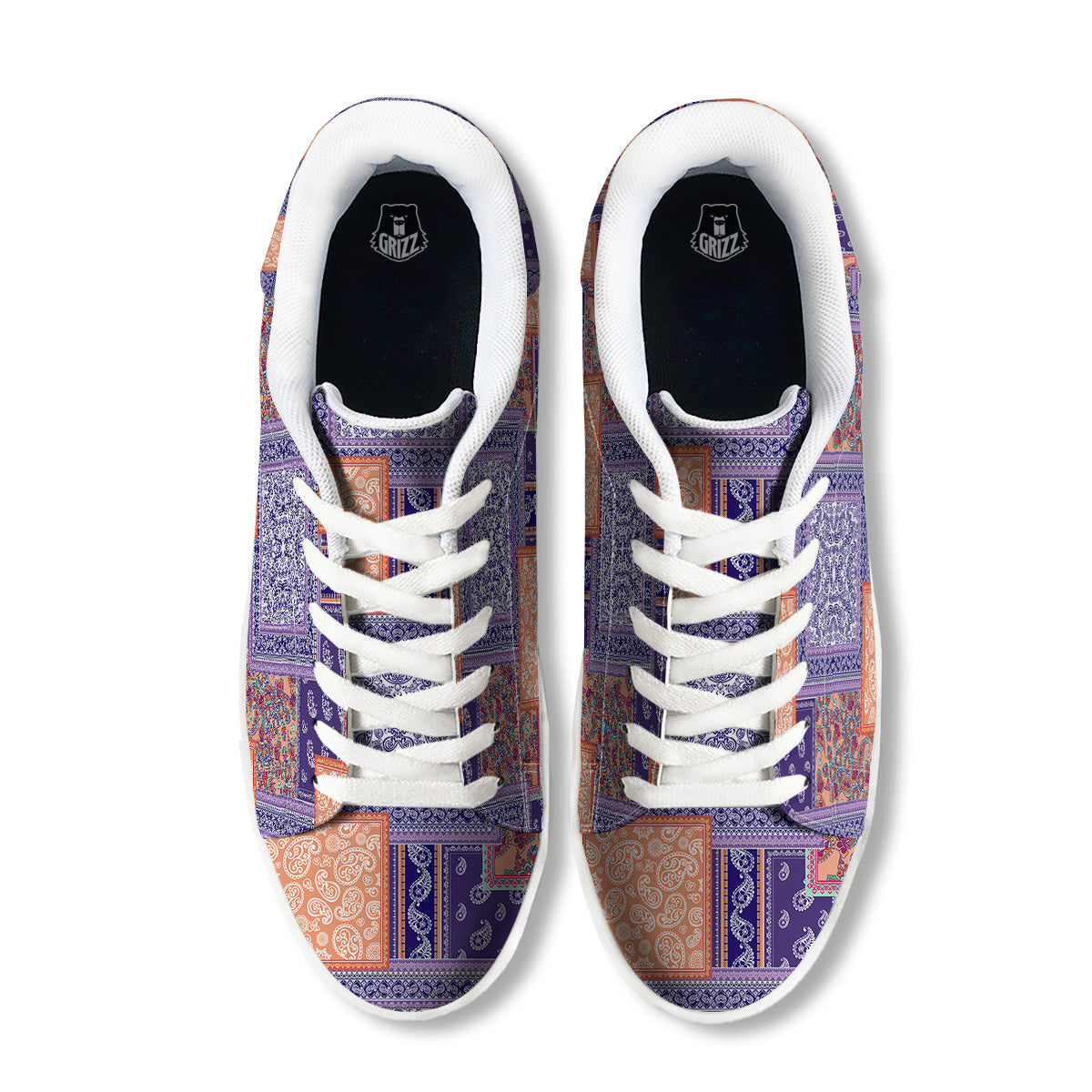 Patchwork Paisley Blue And Orange Print Pattern White Low Top Sneakers-grizzshop