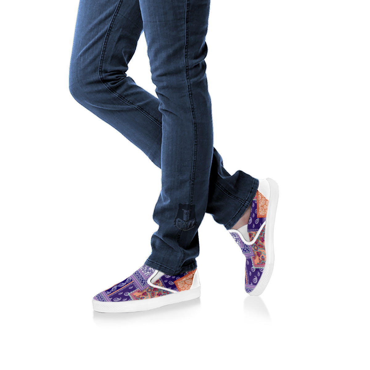 Patchwork Paisley Blue And Orange Print Pattern White Slip On Shoes-grizzshop