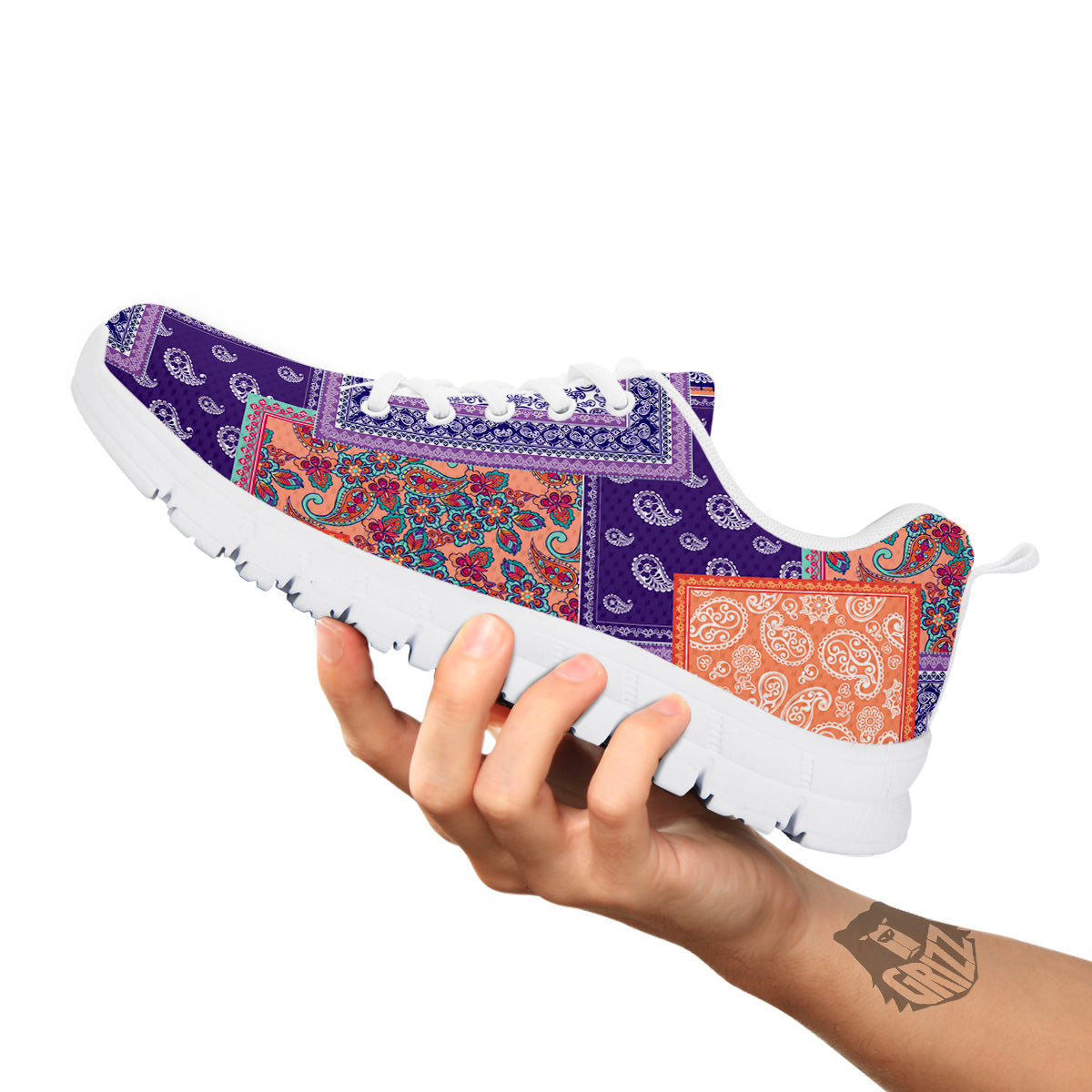 Patchwork Paisley Blue And Orange Print Pattern White Sneaker-grizzshop