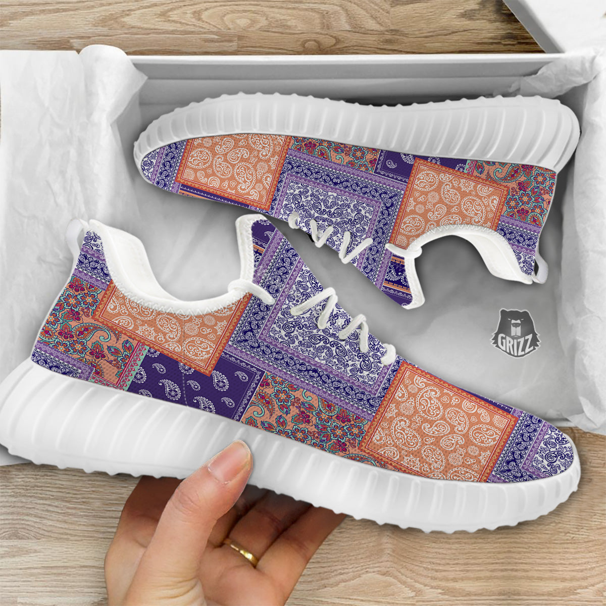 Patchwork Paisley Blue And Orange Print Pattern White Walking Shoes-grizzshop