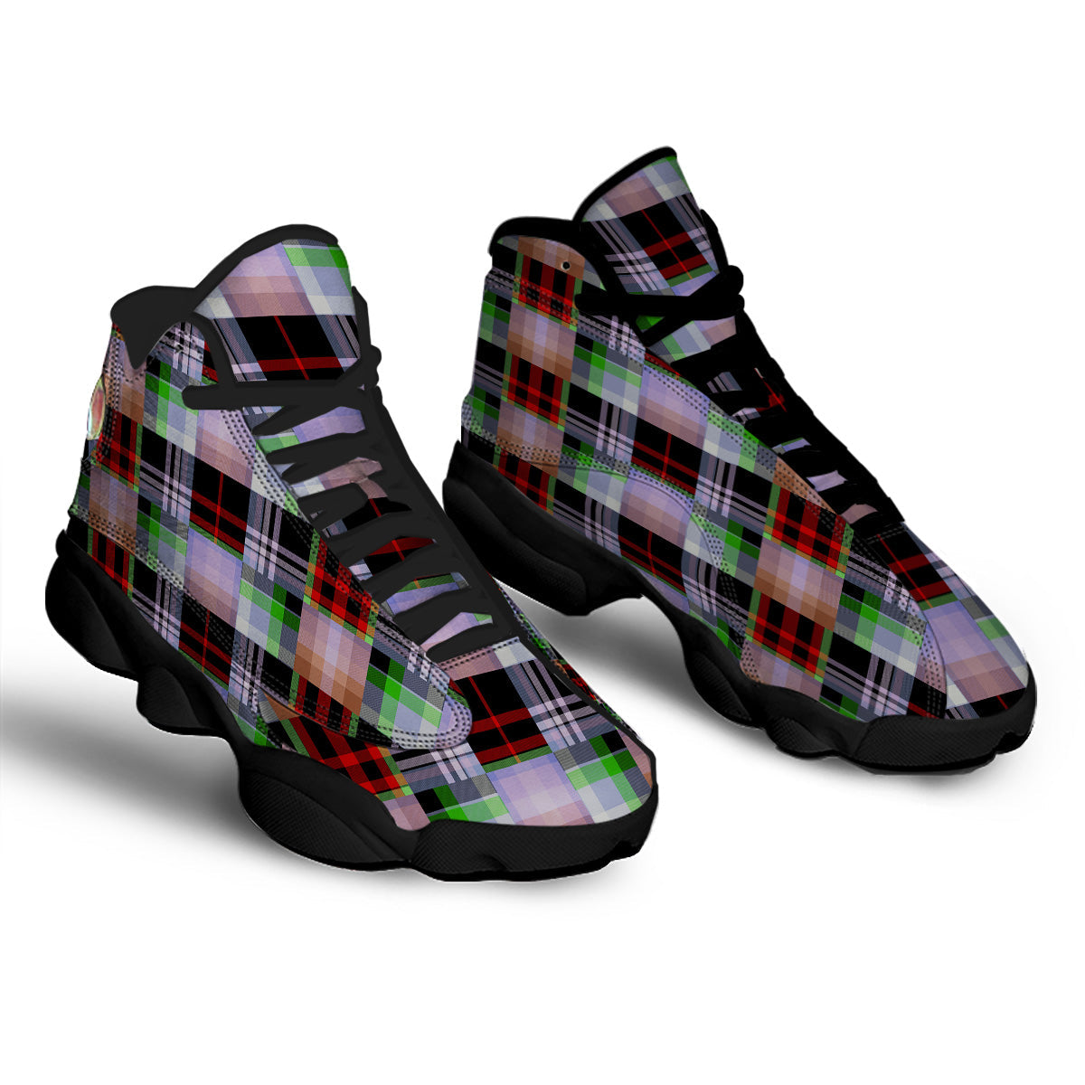 Patchwork Plaid Madras Print Pattern Black Basketball Shoes-grizzshop