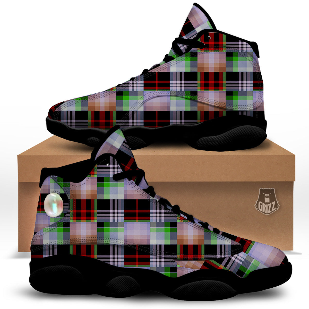 Patchwork Plaid Madras Print Pattern Black Basketball Shoes-grizzshop