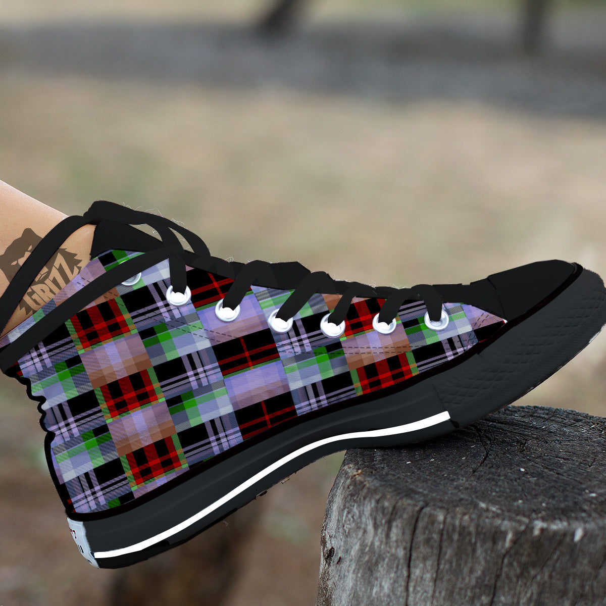 Patchwork Plaid Madras Print Pattern Black High Top Shoes-grizzshop