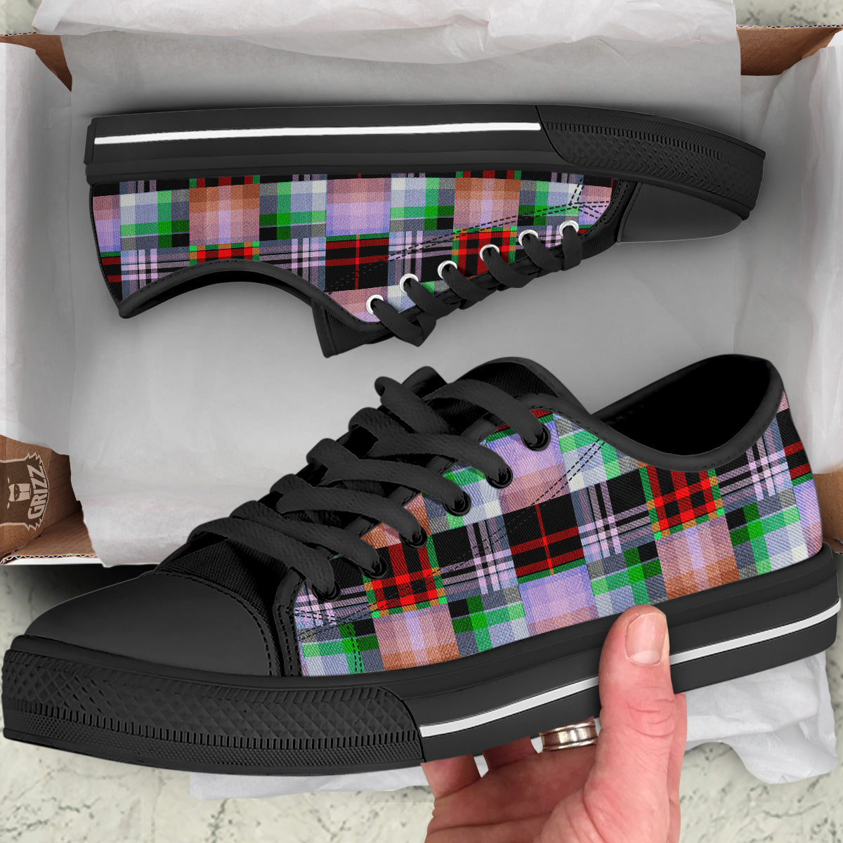 Patchwork Plaid Madras Print Pattern Black Low Top Shoes-grizzshop