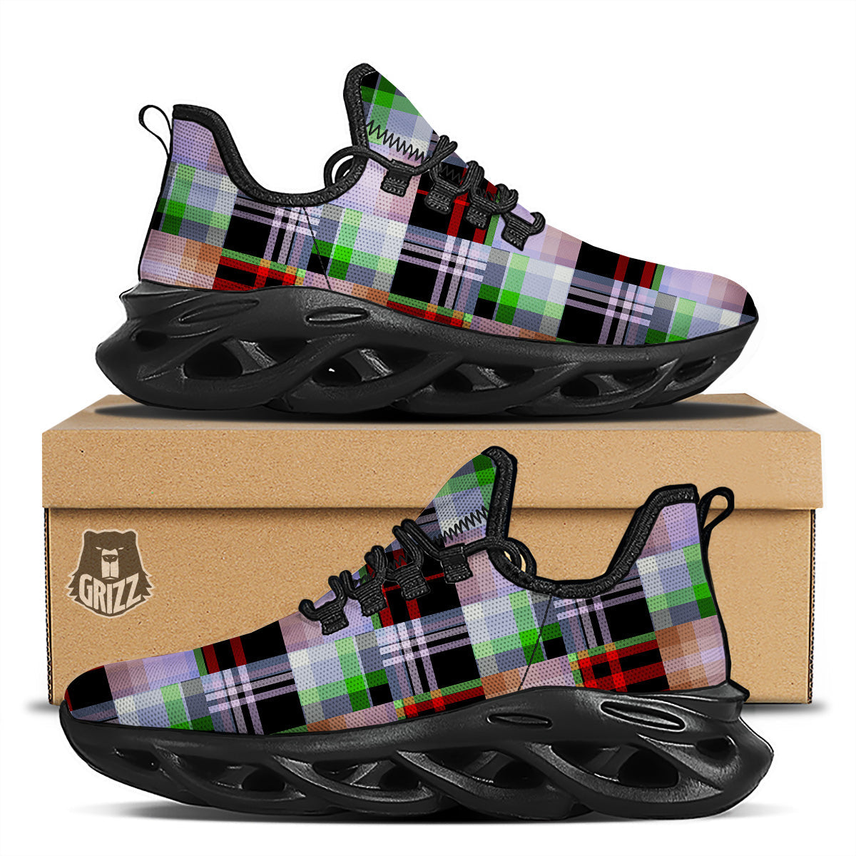 Patchwork Plaid Madras Print Pattern Black Running Shoes-grizzshop