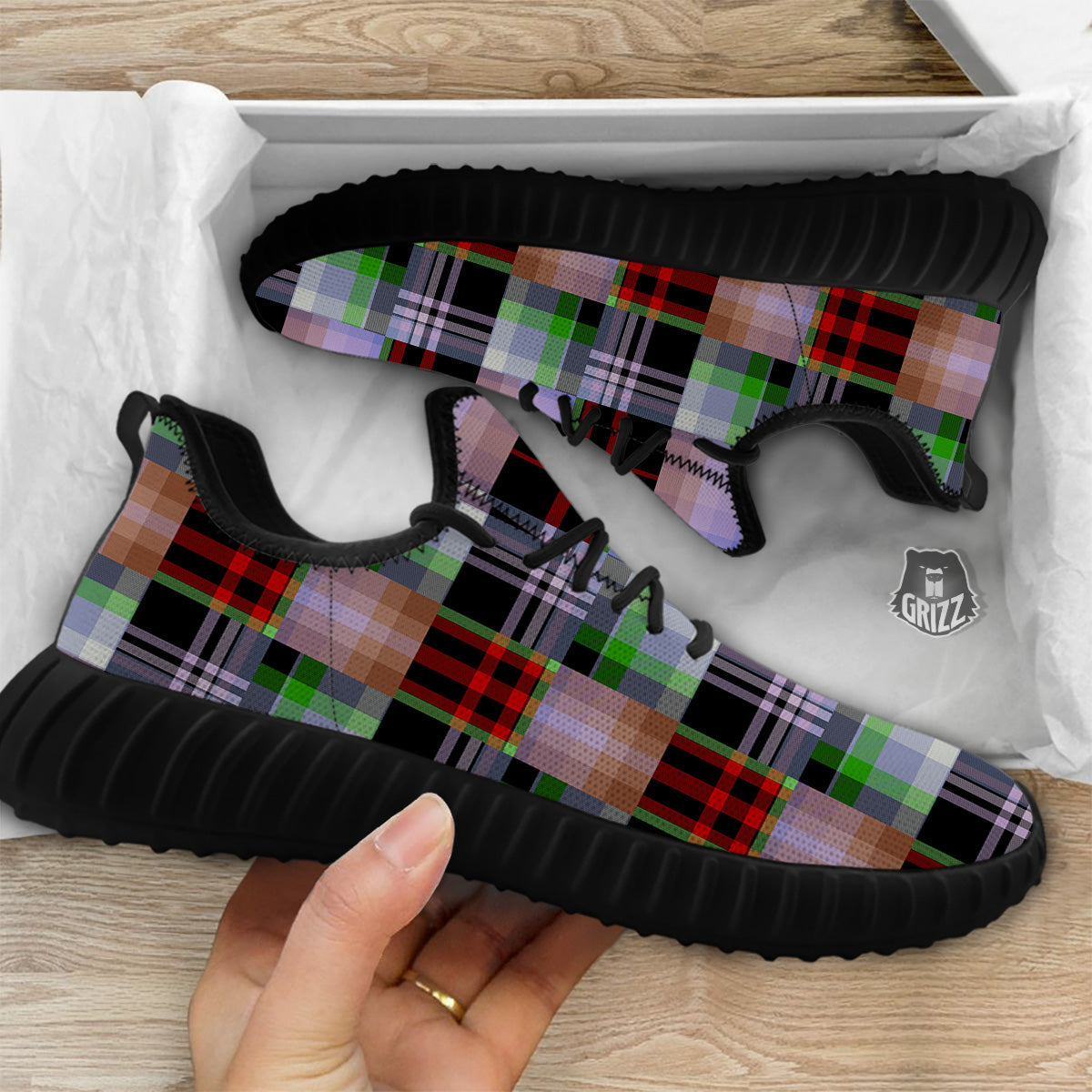 Patchwork Plaid Madras Print Pattern Black Walking Shoes-grizzshop