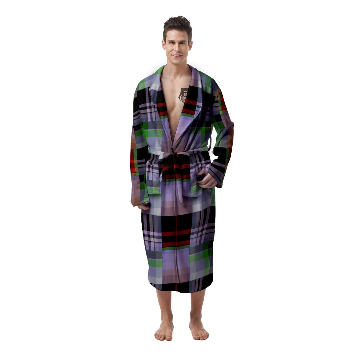 Patchwork Plaid Madras Print Pattern Men's Robe-grizzshop