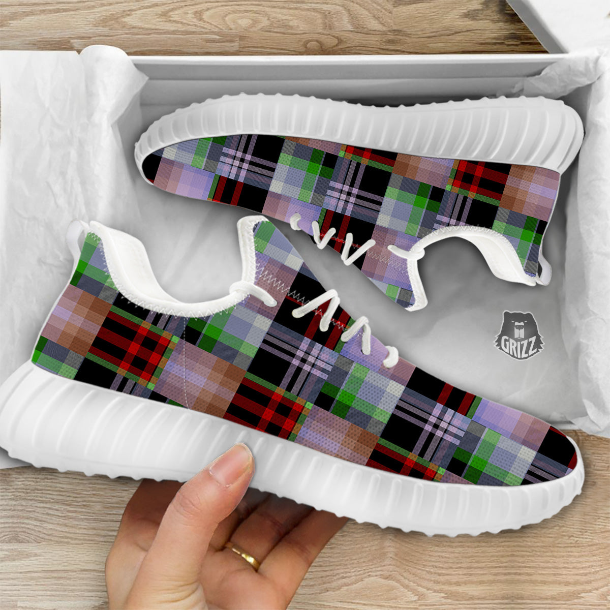 Patchwork Plaid Madras Print Pattern White Walking Shoes-grizzshop