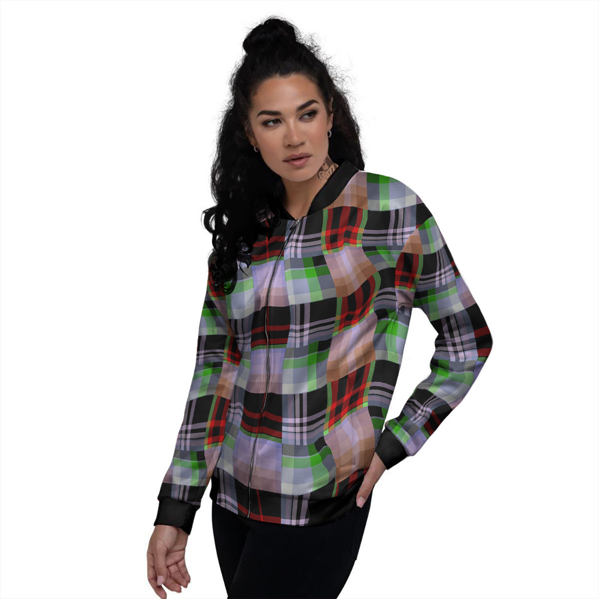 Patchwork Plaid Madras Print Pattern Women's Bomber Jacket-grizzshop