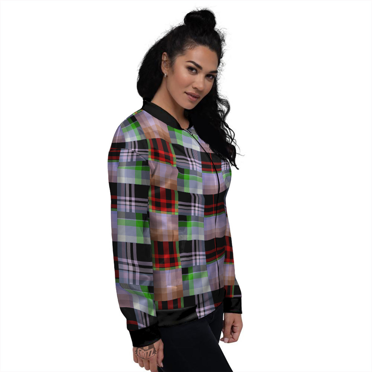 Patchwork Plaid Madras Print Pattern Women's Bomber Jacket-grizzshop