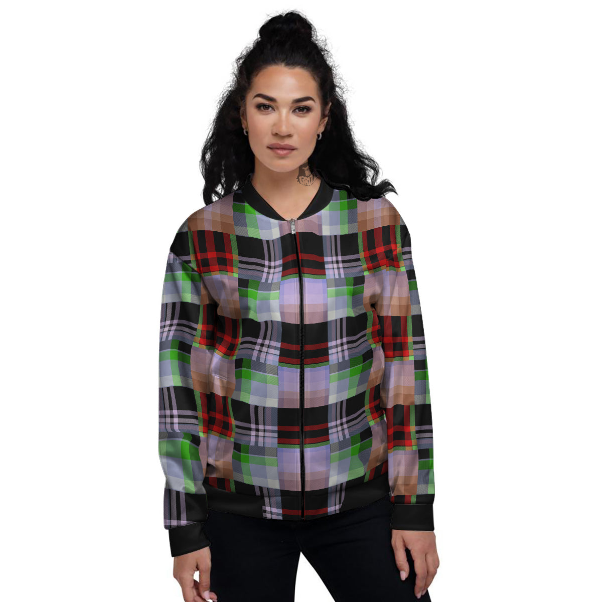 Patchwork Plaid Madras Print Pattern Women's Bomber Jacket-grizzshop