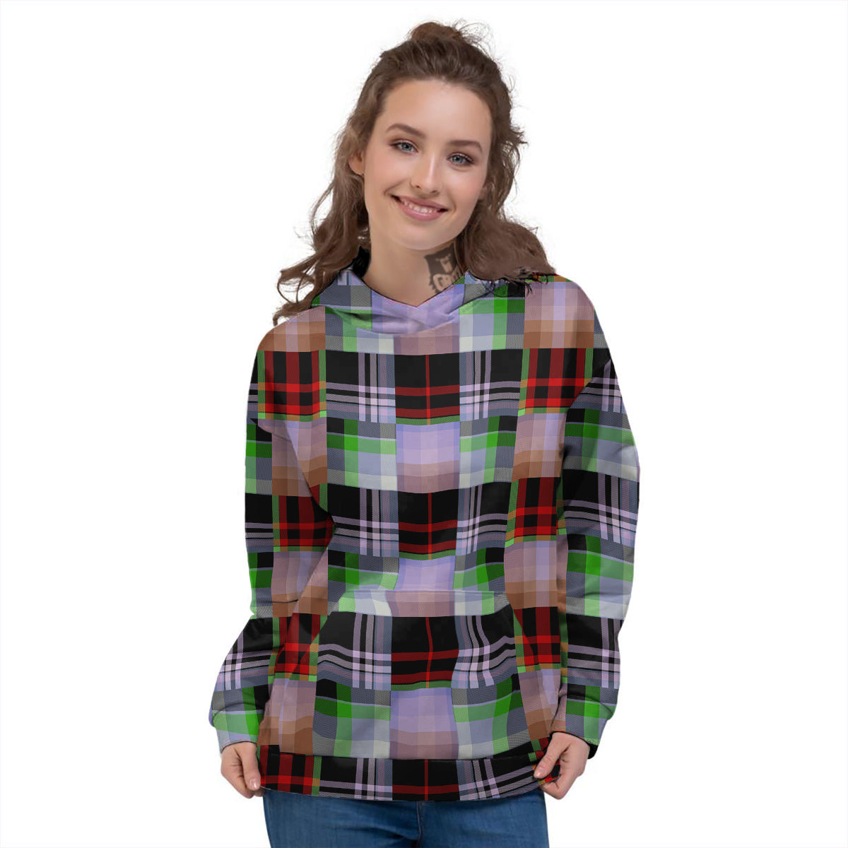 Patchwork Plaid Madras Print Pattern Women's Hoodie-grizzshop