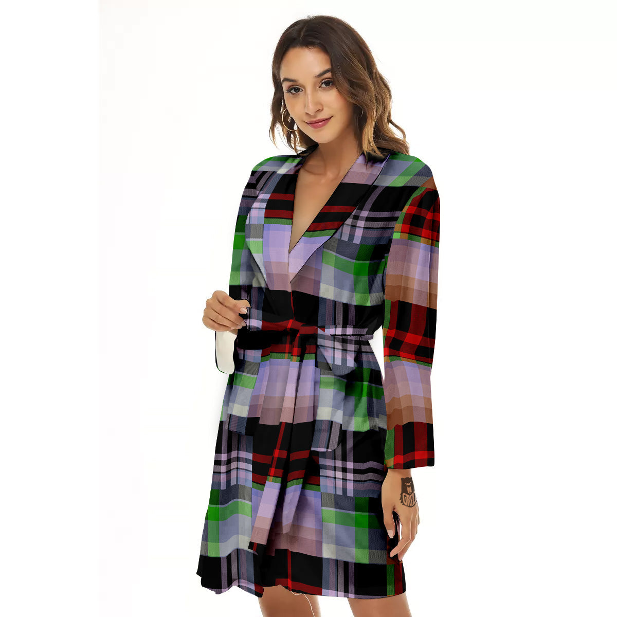 Patchwork Plaid Madras Print Pattern Women's Robe-grizzshop
