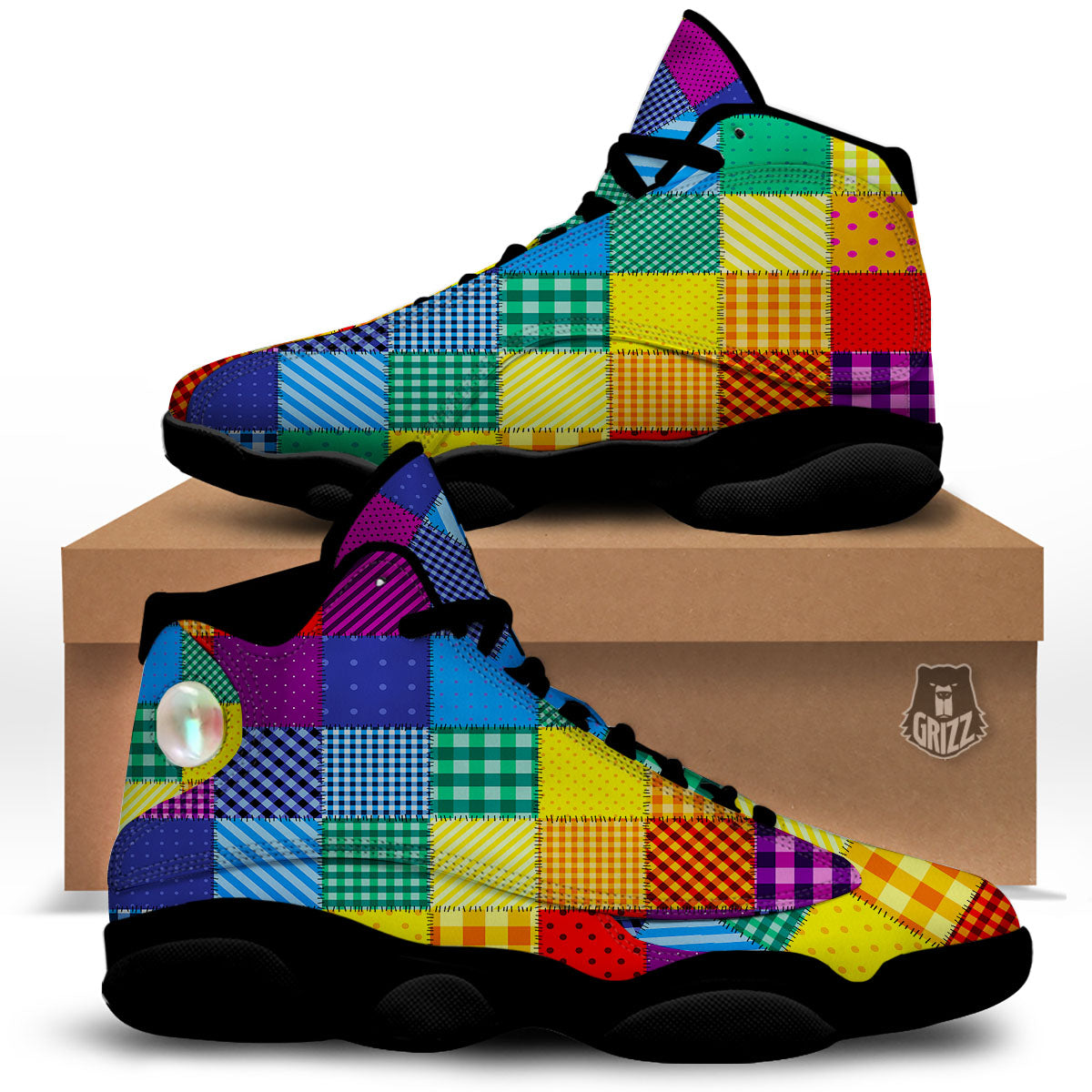 Patchwork Rainbow Print Pattern Black Basketball Shoes-grizzshop