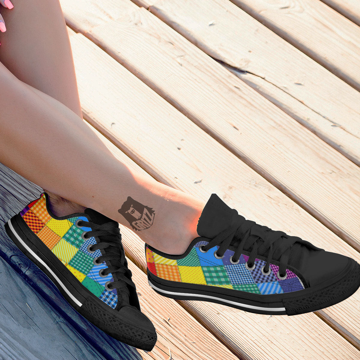 Patchwork Rainbow Print Pattern Black Low Top Shoes-grizzshop