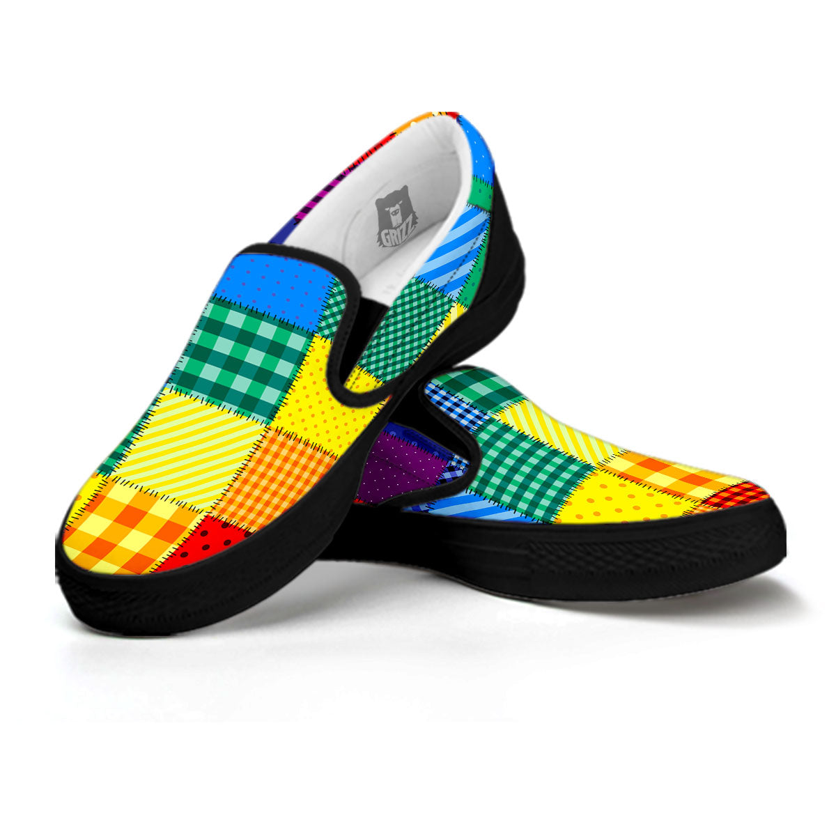 Patchwork Rainbow Print Pattern Black Slip On Shoes-grizzshop