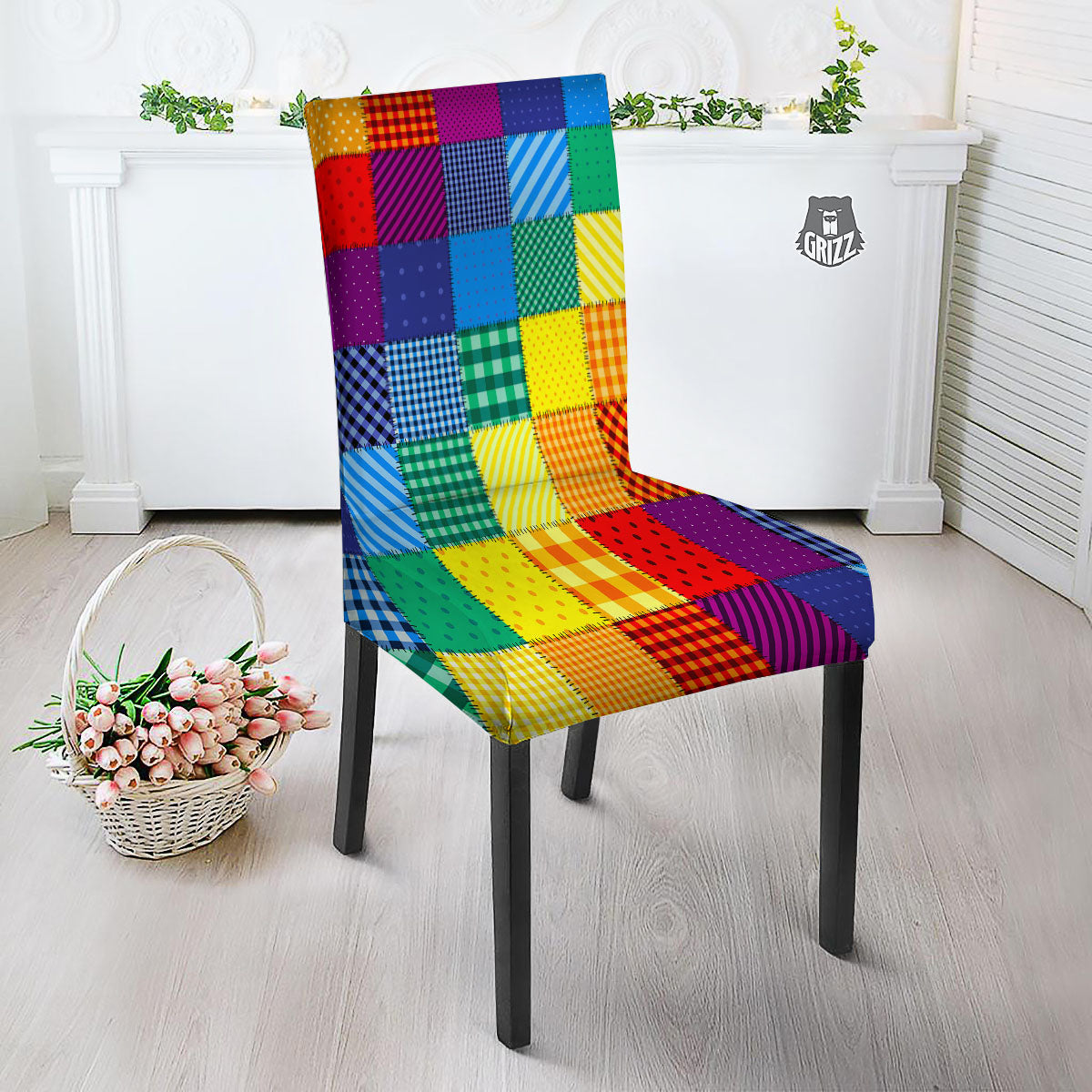 Patchwork Rainbow Print Pattern Dining Chair Slipcover-grizzshop