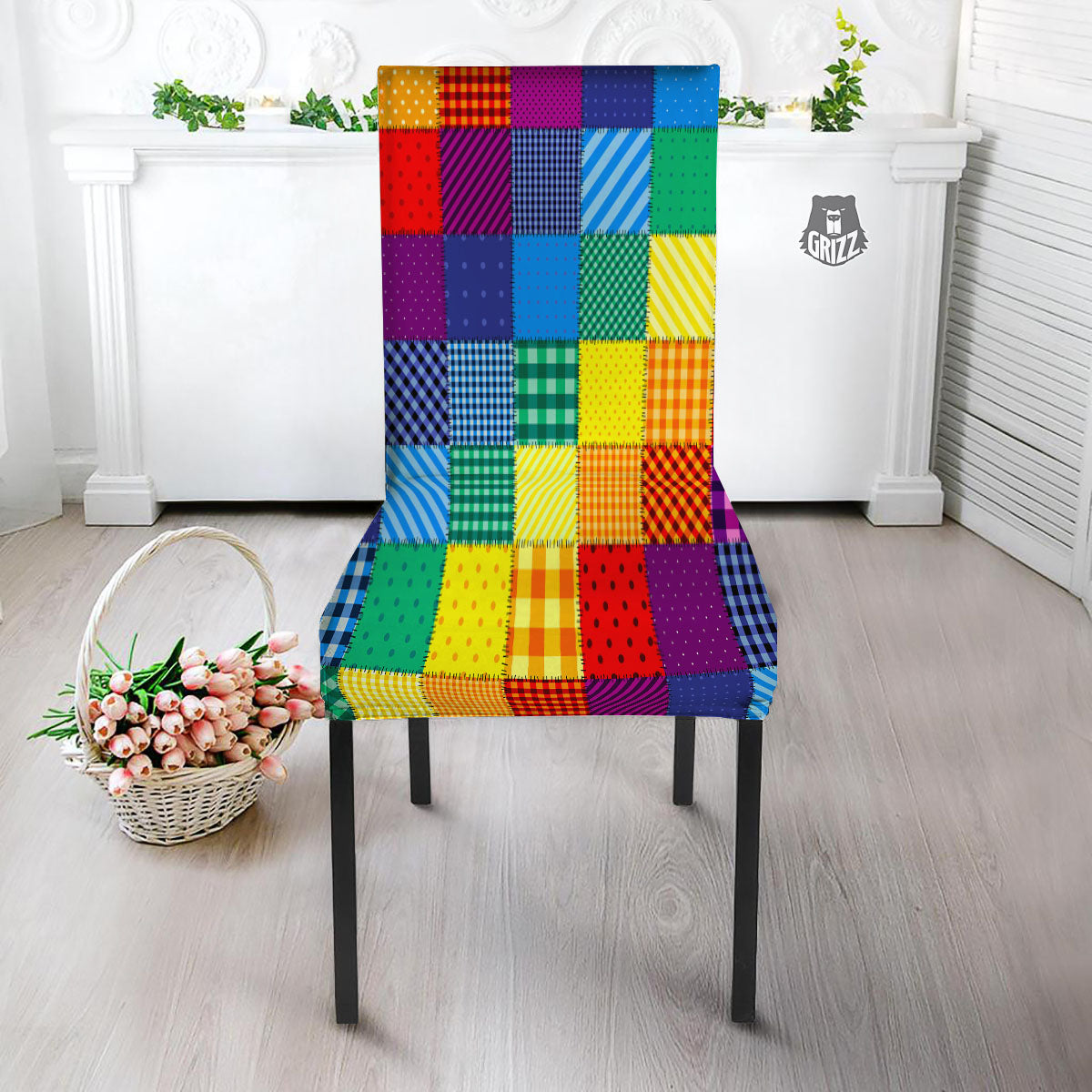 Patchwork Rainbow Print Pattern Dining Chair Slipcover-grizzshop