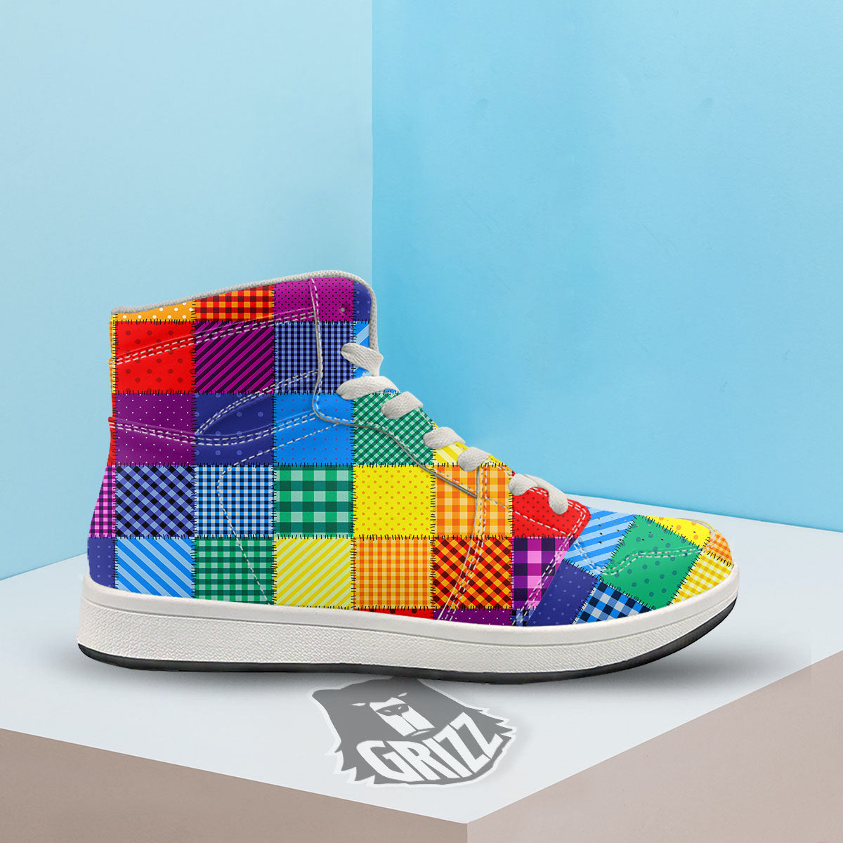 Patchwork Rainbow Print Pattern High Top Sneakers-grizzshop