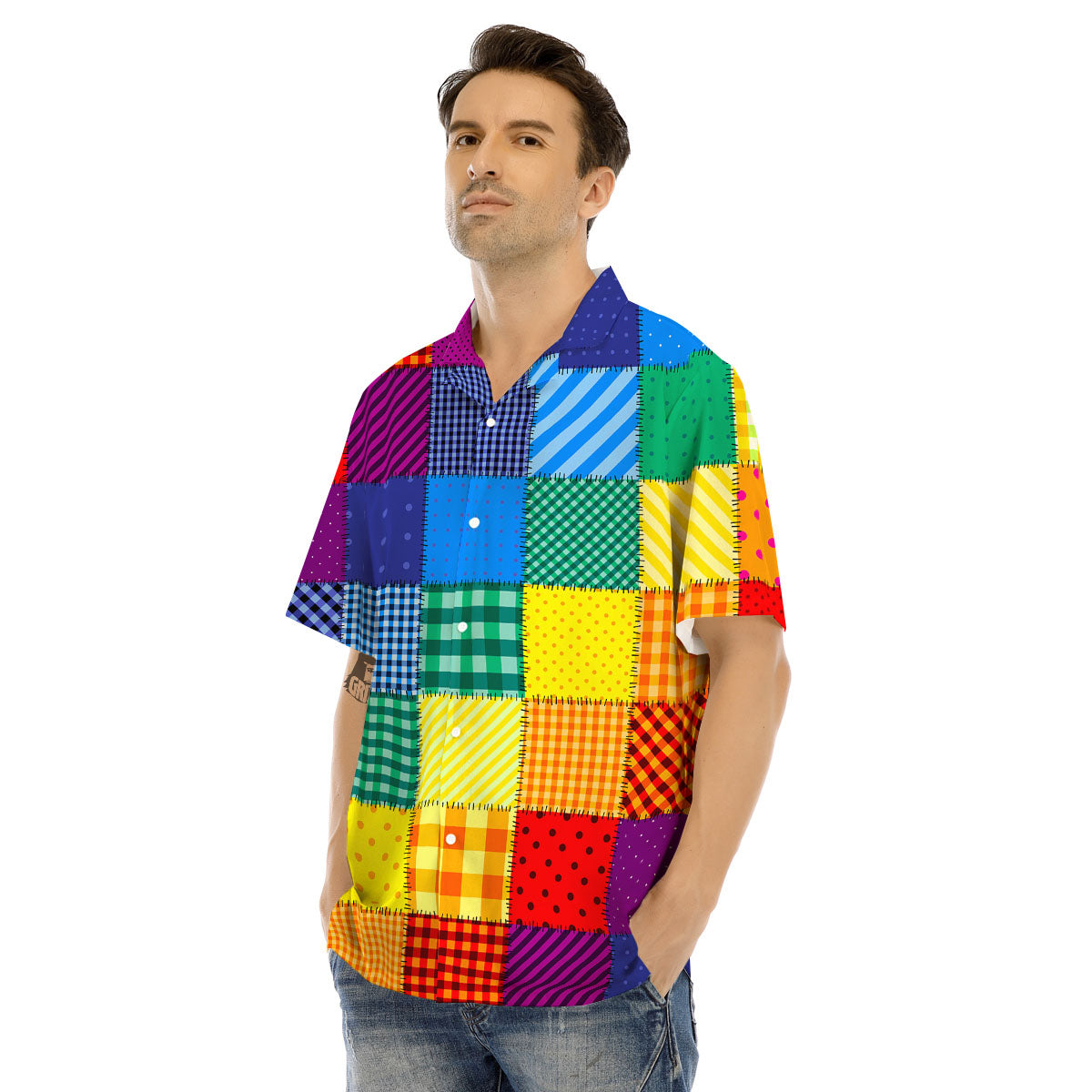 Patchwork Rainbow Print Pattern Men's Hawaiian Shirt-grizzshop
