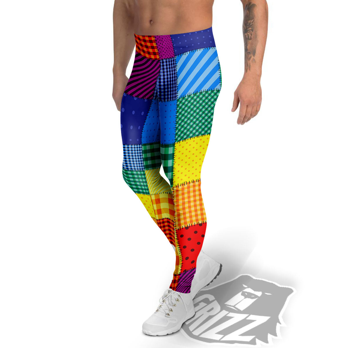Patchwork Rainbow Print Pattern Men's Leggings-grizzshop