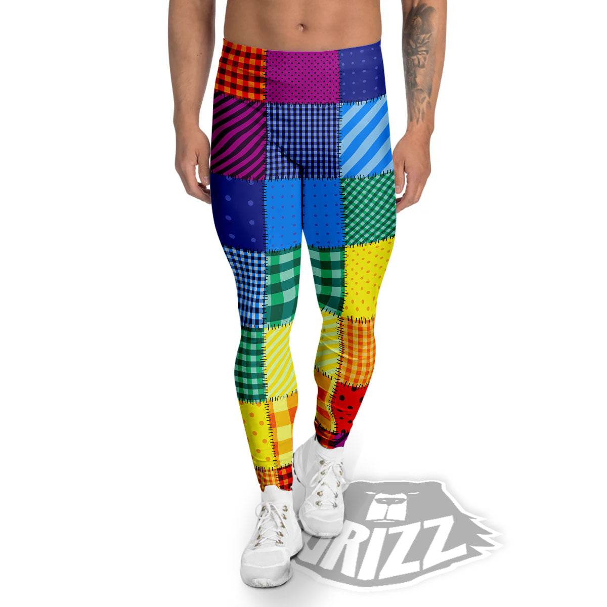 Patchwork Rainbow Print Pattern Men's Leggings-grizzshop
