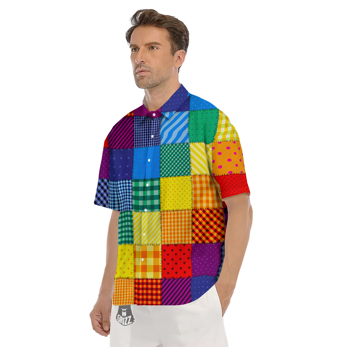Patchwork Rainbow Print Pattern Men's Short Sleeve Shirts-grizzshop