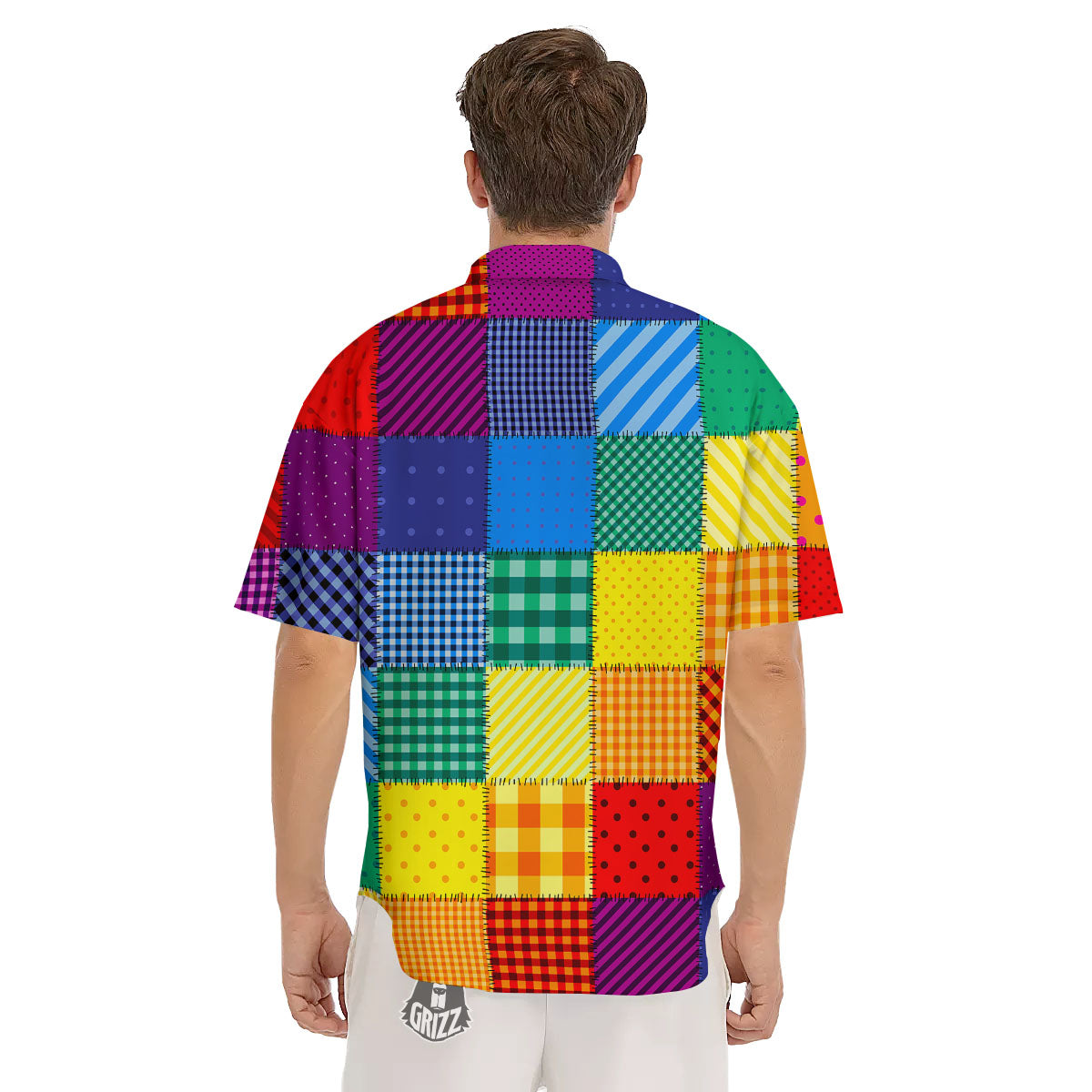 Patchwork Rainbow Print Pattern Men's Short Sleeve Shirts-grizzshop