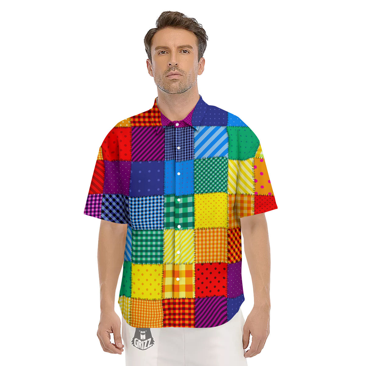 Patchwork Rainbow Print Pattern Men's Short Sleeve Shirts-grizzshop