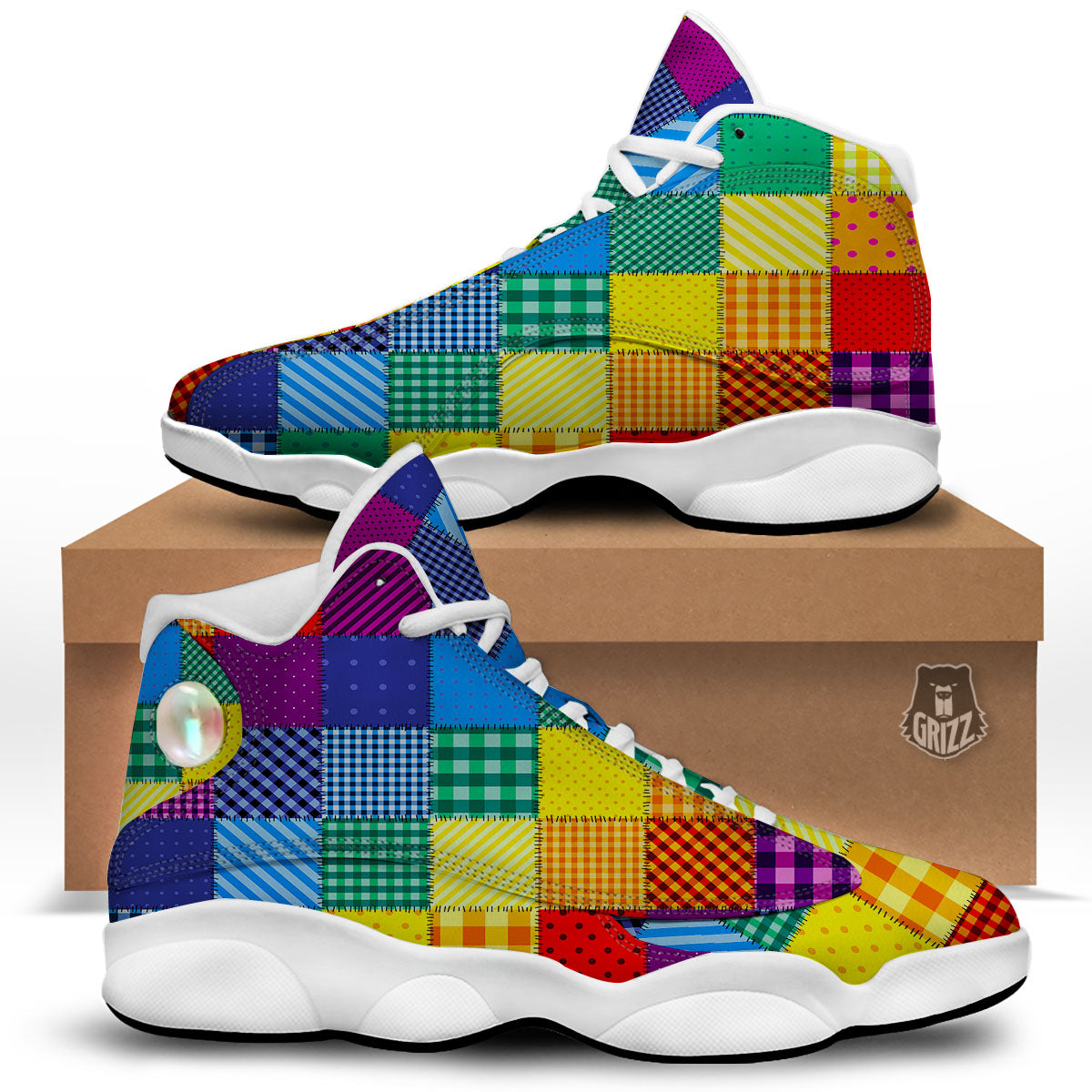Patchwork Rainbow Print Pattern White Basketball Shoes-grizzshop
