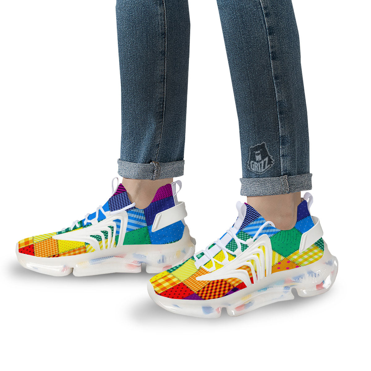 Patchwork Rainbow Print Pattern White Gym Shoes-grizzshop