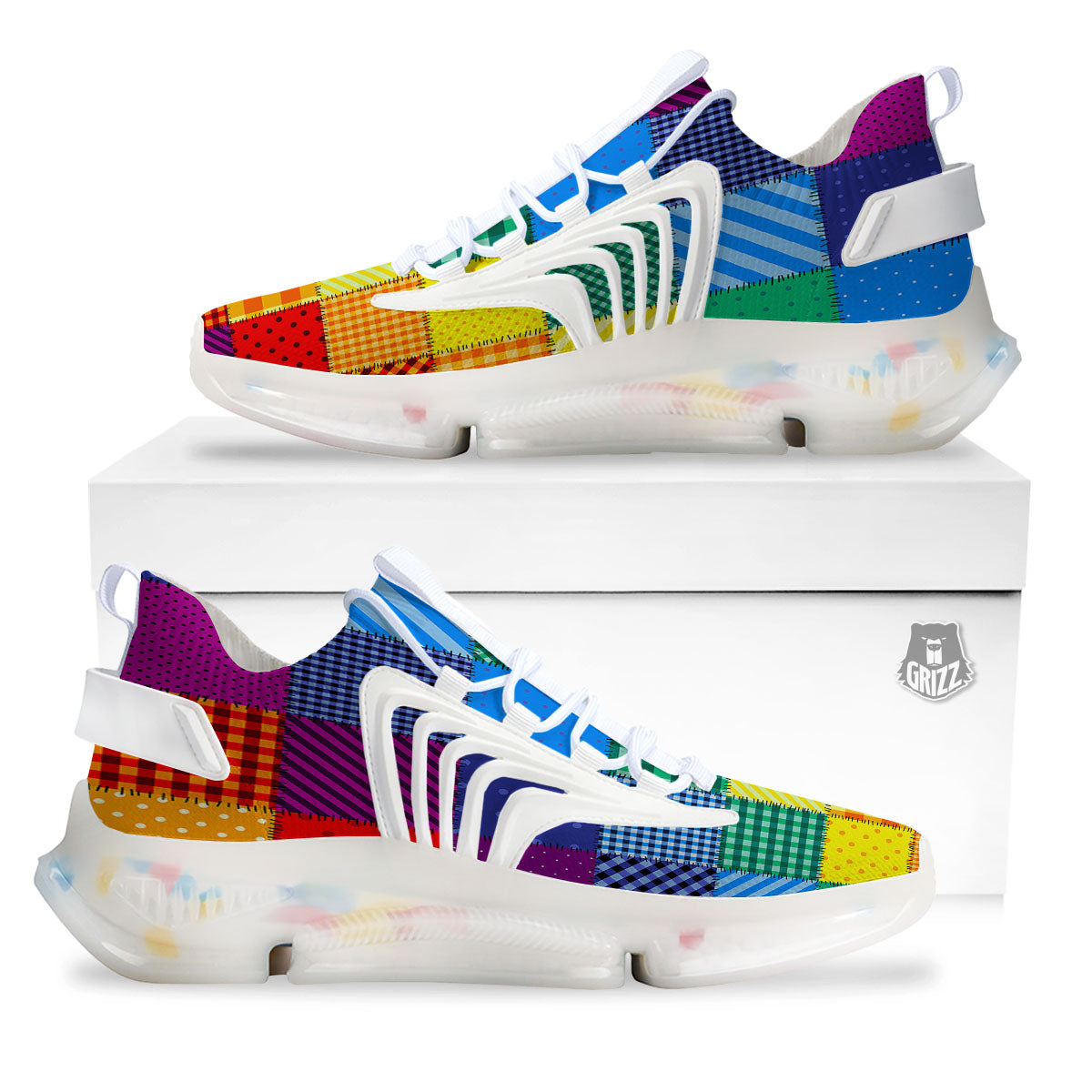 Patchwork Rainbow Print Pattern White Gym Shoes-grizzshop