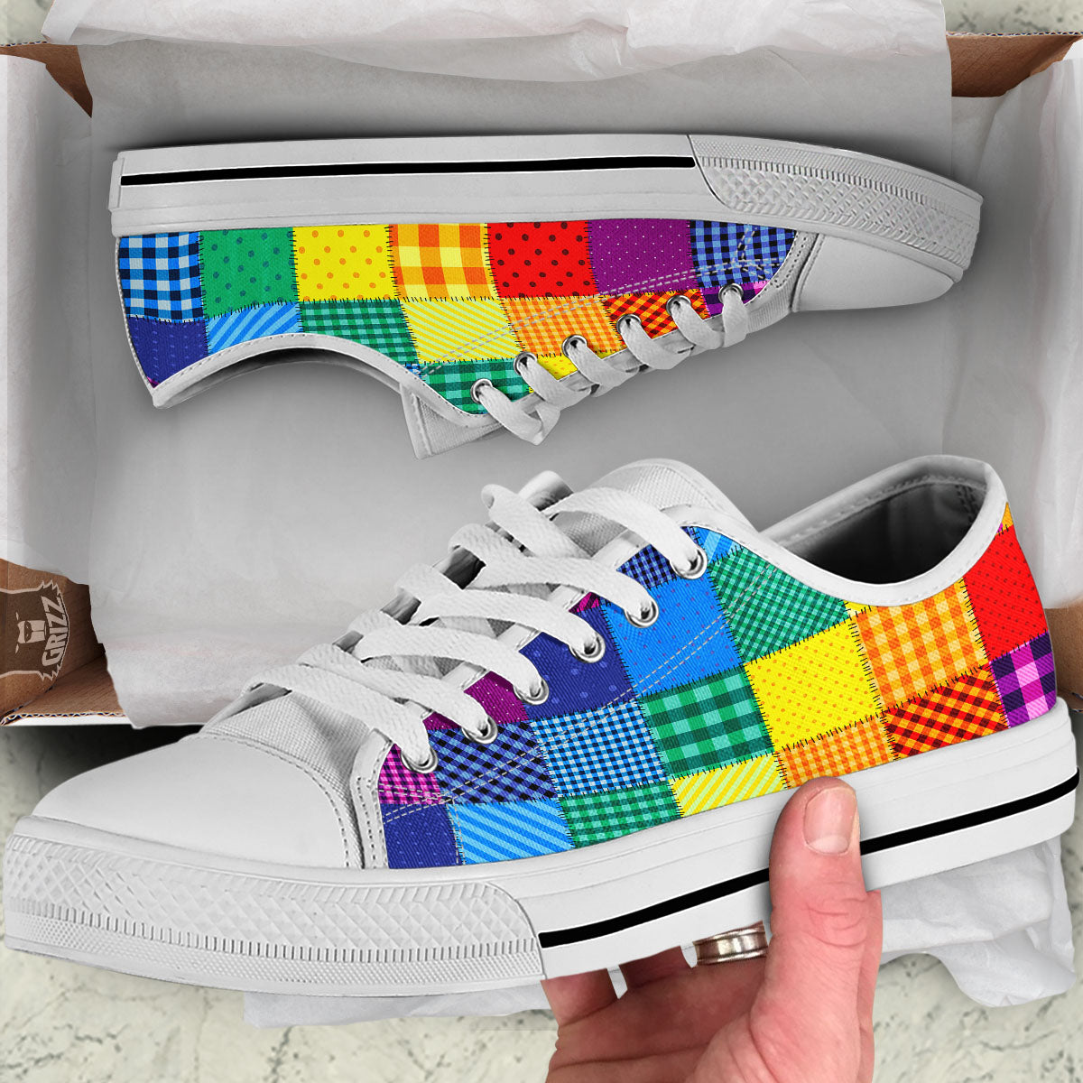Patchwork Rainbow Print Pattern White Low Top Shoes-grizzshop