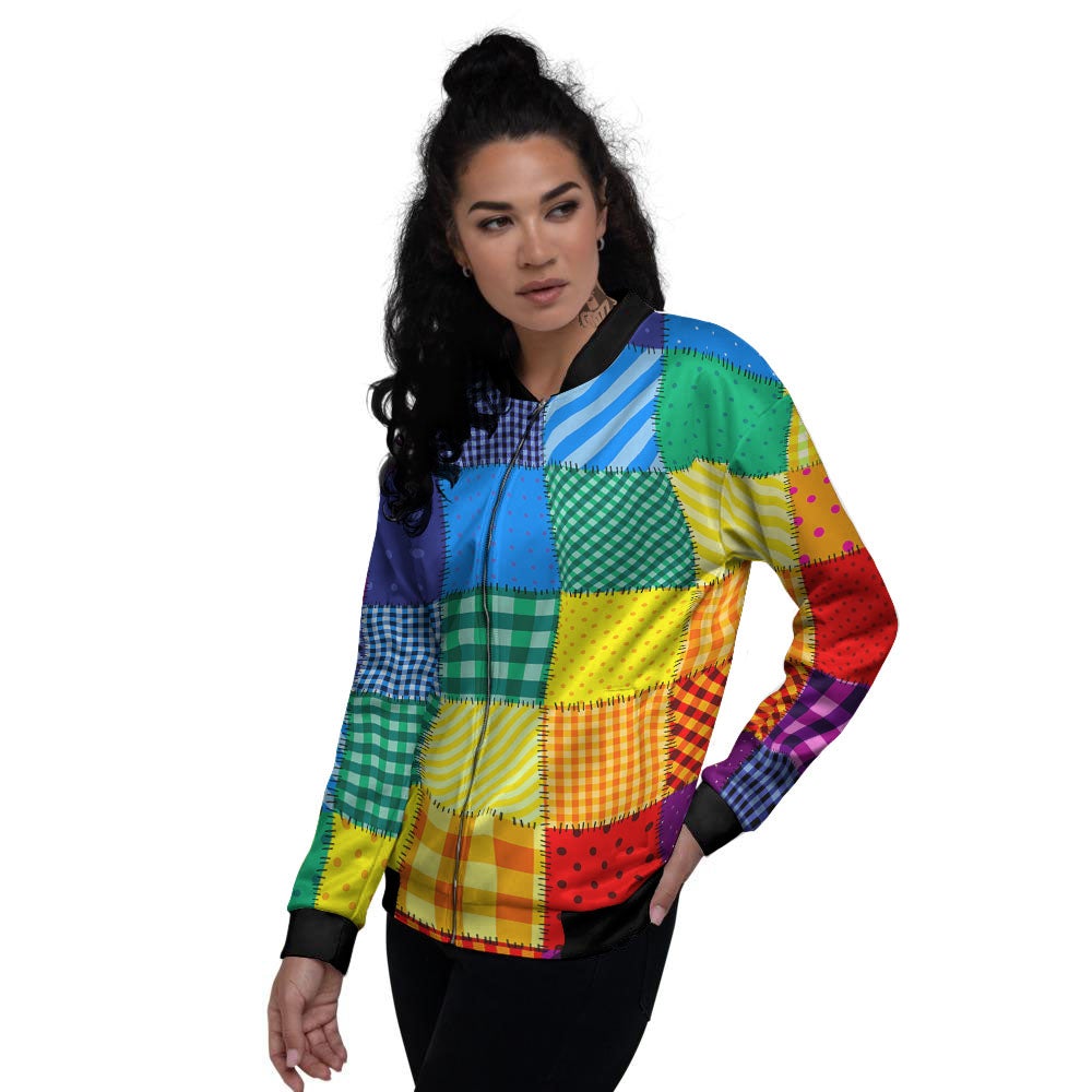 Patchwork Rainbow Print Pattern Women's Bomber Jacket-grizzshop