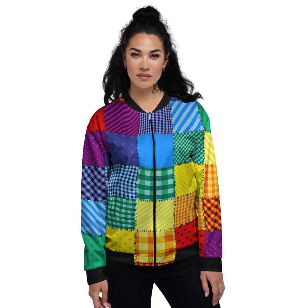 Patchwork Rainbow Print Pattern Women's Bomber Jacket-grizzshop